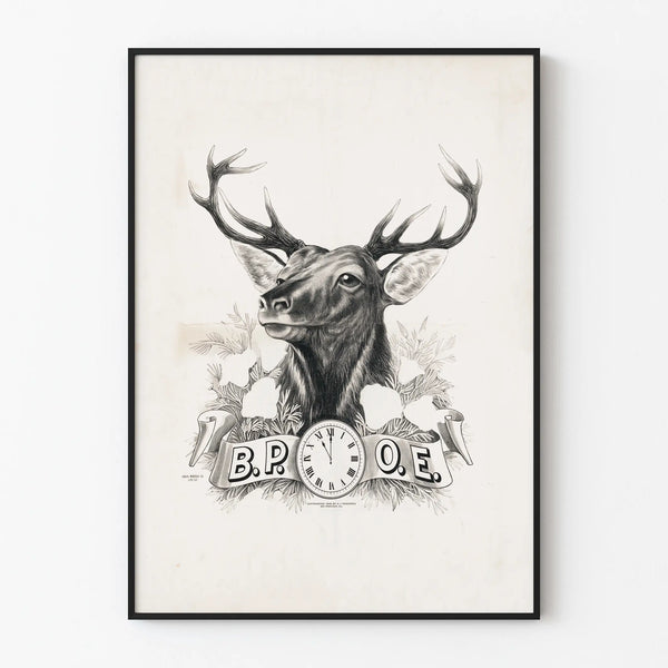 Vintage poster of a stag head B.P.O.E. for wall decoration