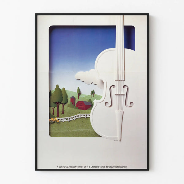 Decorative poster of music and countryside with a paper-cut violin