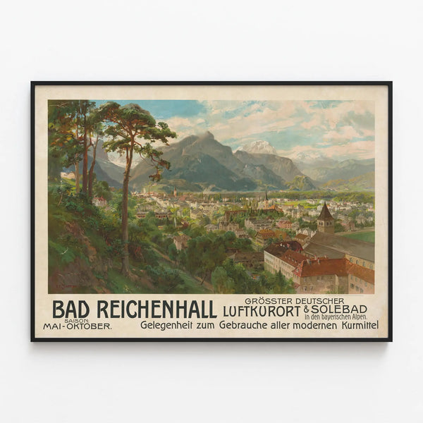 Vintage poster of Bad Reichenhall, thermal spa and alpine cure — framed artwork on a wall