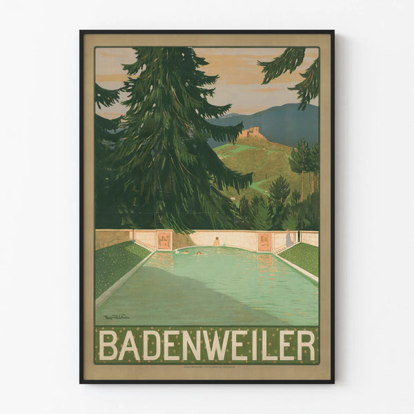 Vintage Badenweiler decorative poster with swimming pool and forest landscape