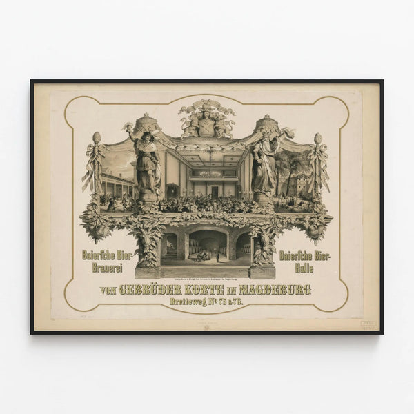 Vintage poster of the brewery and beer hall by Gebrüder Korte in Magdeburg — framed artwork on a wall