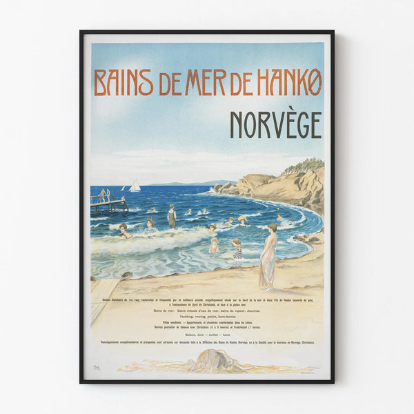 Vintage poster of Hanko Norway seaside baths for wall decoration