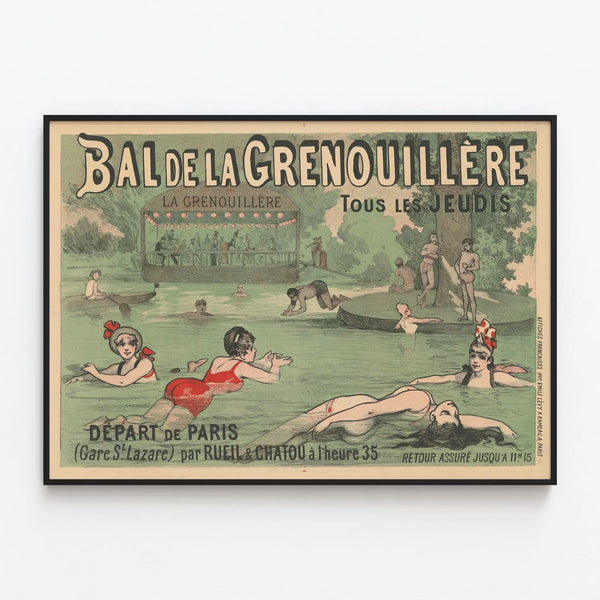 Vintage poster of the Bal de la Grenouillère wall decoration — framed artwork on a wall