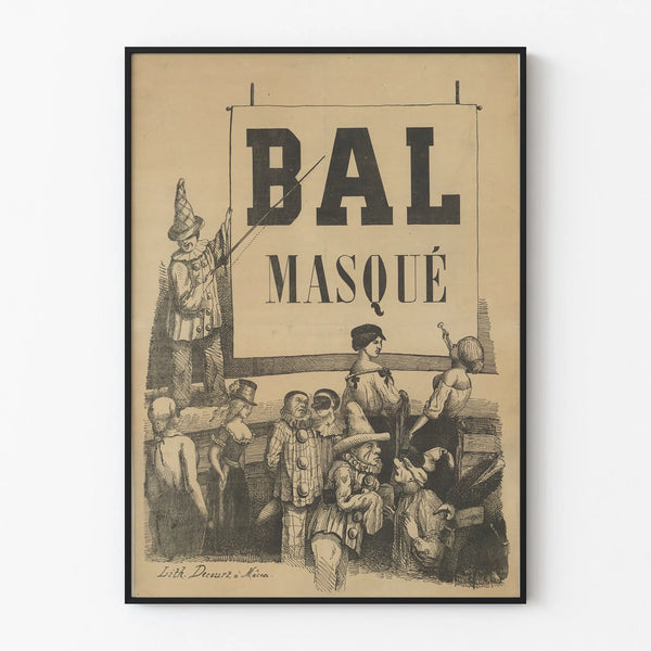 Vintage poster of the masked ball in black and white illustration