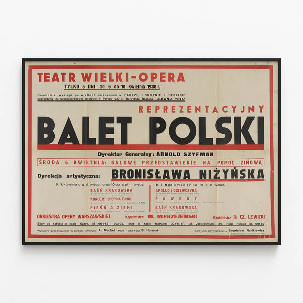 Vintage Polish Ballet Poster - Performances 1938 at the Warsaw Opera — framed artwork on a wall