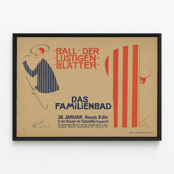 Original vintage poster Ball der Lustigen Blätter - The Family Bath — framed artwork on a wall