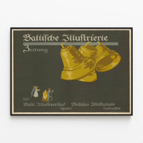 Vintage Poster Baltic Illustrated Newspaper with Gilded Bells — framed artwork on a wall