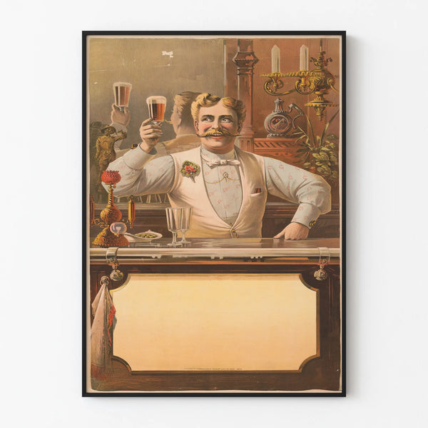 Vintage poster of a bartender raising a glass of beer