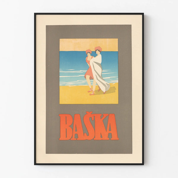 Vintage Decorative Poster of Baška Beach and Retro Fashion