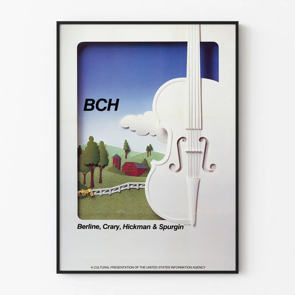 Decorative poster of a white violin and rural landscape