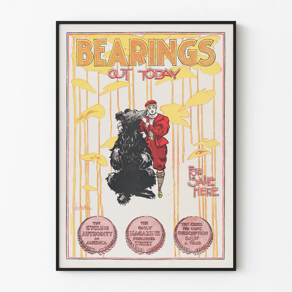 Vintage poster 'Bearings Out Today' with illustration of a bear and cyclist
