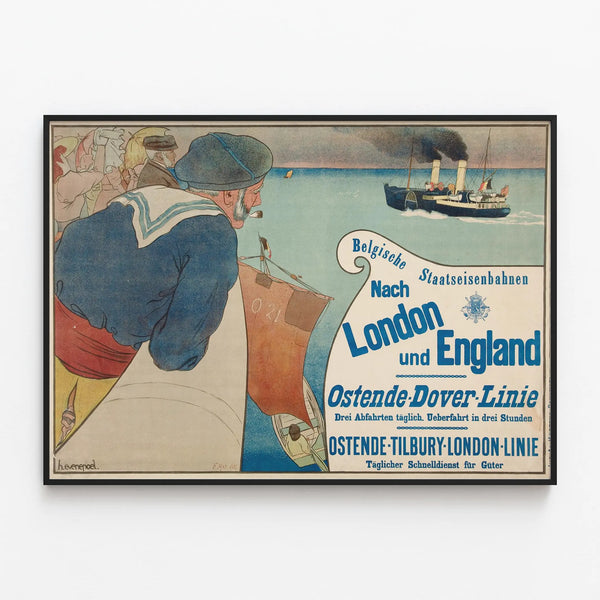 Vintage travel poster Belgium - Ostend London England line — framed artwork on a wall