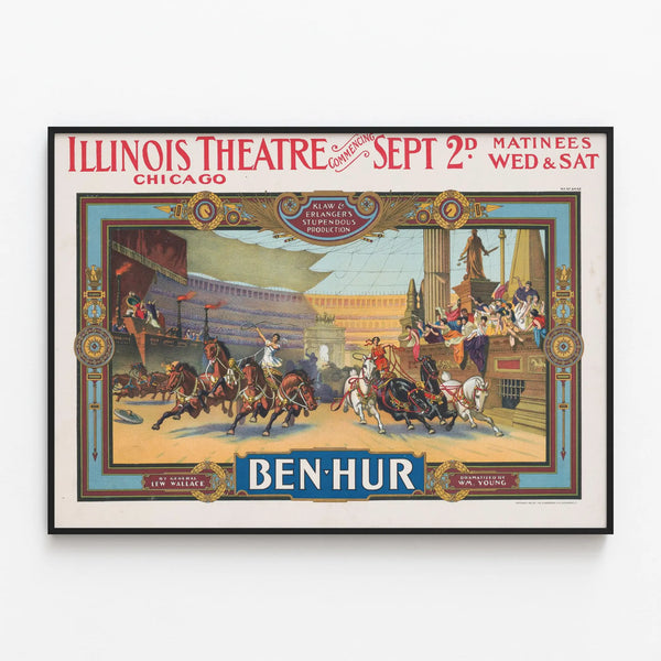 Vintage Poster Ben-Hur - Chariot Race at the Illinois Theatre Chicago — framed artwork on a wall