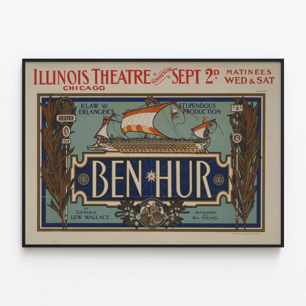 Vintage Poster Ben Hur Illinois Chicago Theater — framed artwork on a wall