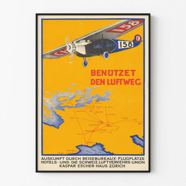 Vintage Swiss aviation poster - Used by air route