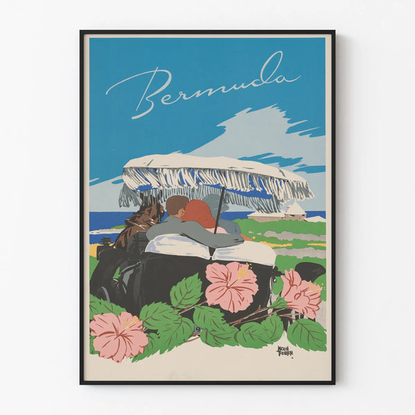 Vintage Bermuda Decorative Poster with Couple in Car and Flowers