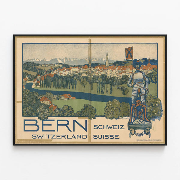 Vintage Bern Swiss poster with panorama and armored figure — framed artwork on a wall