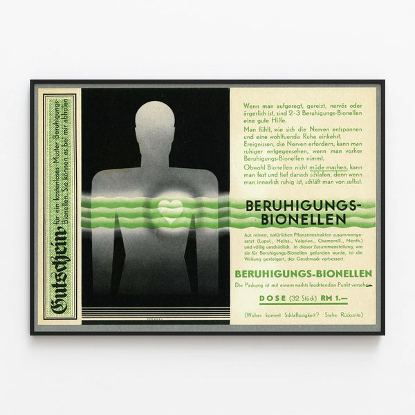 German vintage poster Beruhigungs-Bionellen - calming wall decoration — framed artwork on a wall