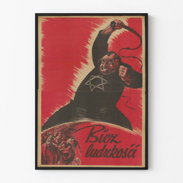 Vintage propaganda poster with caricature and whip