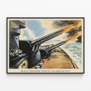 Vintage Poster of British Battleship Cannons — framed artwork on a wall