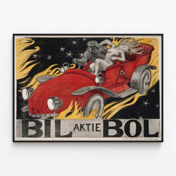 Vintage Bil Bol advertising poster for red car — framed artwork on a wall