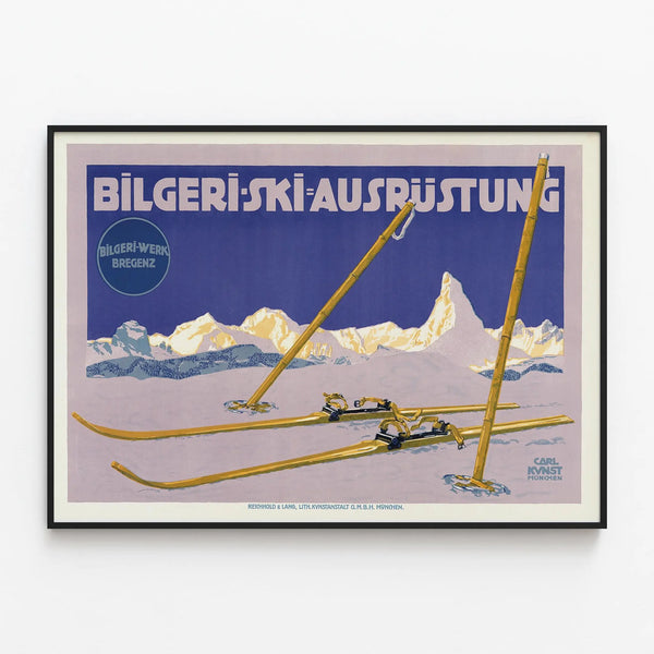 Vintage Bilgeri Ski Equipment Poster – Winter Sports Wall Decoration — framed artwork on a wall