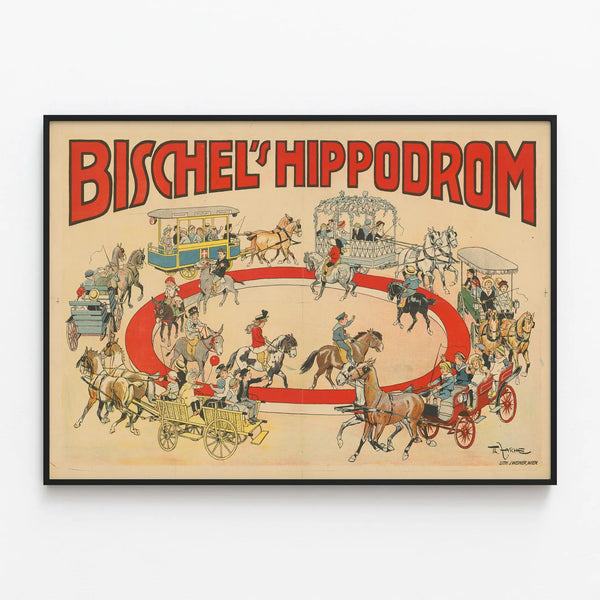 Vintage poster Bischel's Hippodrome – Retro equestrian wall decoration — framed artwork on a wall