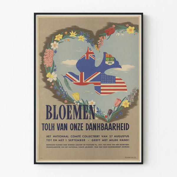 Vintage decorative poster with dove and flags surrounded by flowers