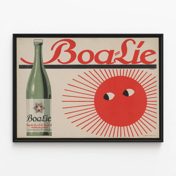 Vintage Advertising Poster Boa-Lie with Bottle and Sun Illustration — framed artwork on a wall