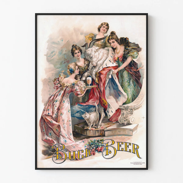 Vintage Buck Beer Poster with Royal Goat and Young Women
