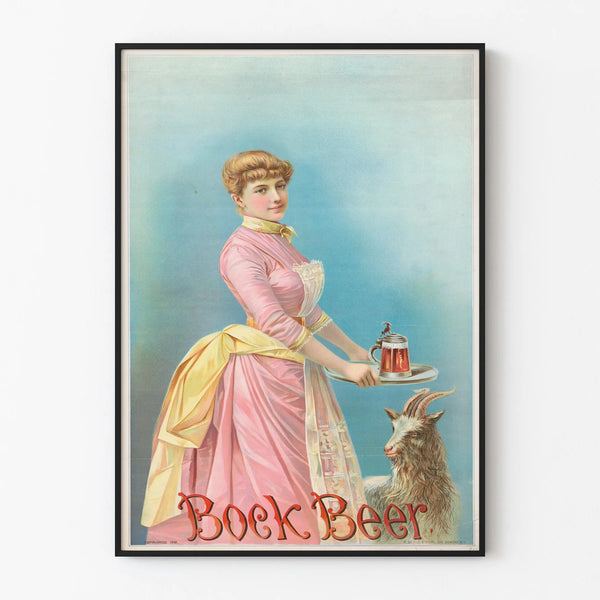Vintage Bock Beer Poster with Woman and Goat - Retro Wall Decoration