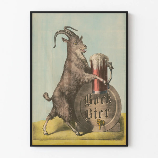 Vintage Bock Bier poster with goat and barrel