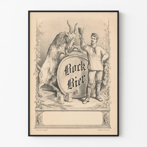 Vintage poster of Bock Bier featuring an illustration of a goat and a man