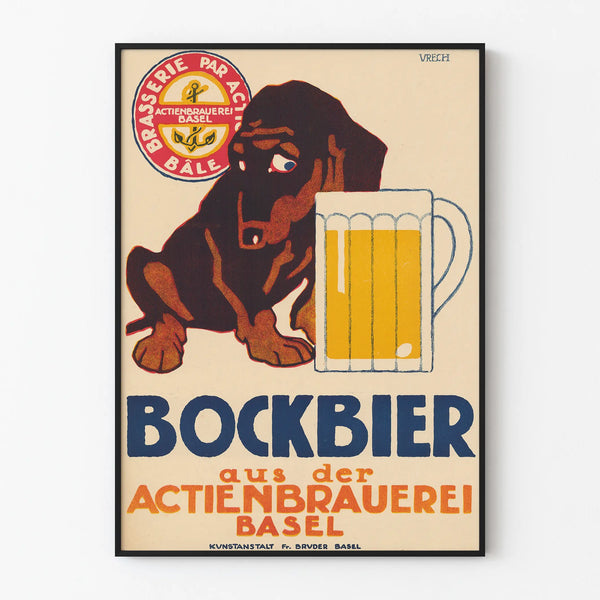 Vintage poster of Bockbier Actienbrauerei Basel with dog and beer mug