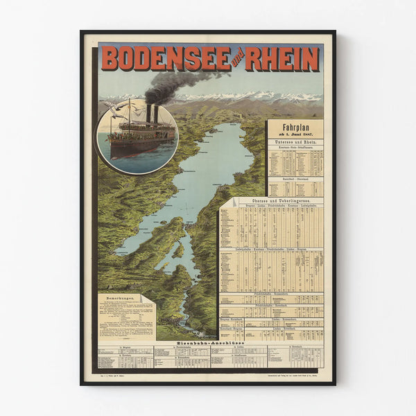 Vintage Poster of Lake Constance and the Rhine - Crossing Map in 1887