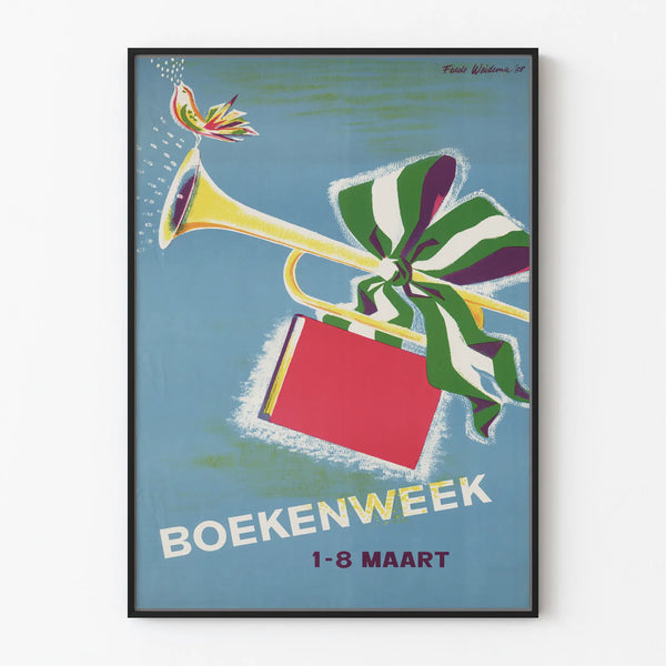 Vintage decorative poster Boekenweek with trumpet and red book