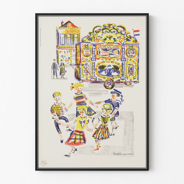 Vintage poster of children dancing around a colorful barrel organ