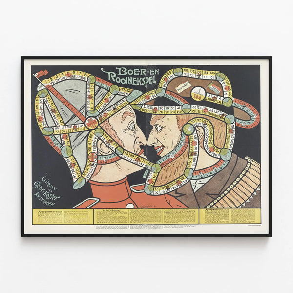 Vintage poster of the Boer board game in Rooiniekspel — framed artwork on a wall