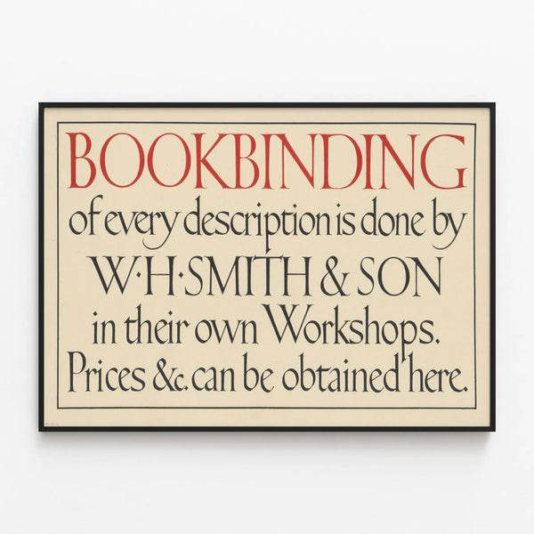 Vintage poster of bookbinding craftsmanship by W.H. Smith & Son — framed artwork on a wall