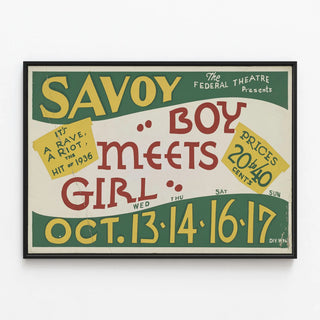 Vintage poster 'Boy Meets Girl' Savoy Theatre 1936 — framed artwork on a wall