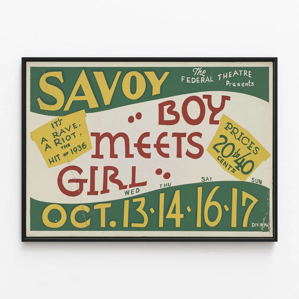 Vintage poster 'Boy Meets Girl' Savoy Theatre 1936 — framed artwork on a wall