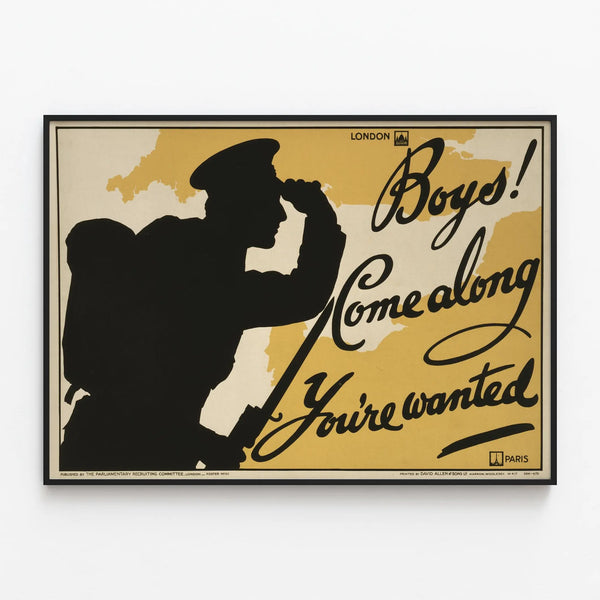 Vintage military poster with recruitment call — framed artwork on a wall