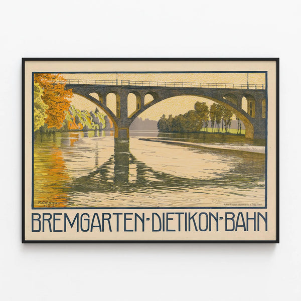 Vintage Poster of Pont Bremgarten-Dietikon Railway over River — framed artwork on a wall