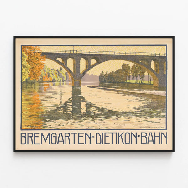 Vintage poster of Bremgarten-Dietikon railway bridge — framed artwork on a wall