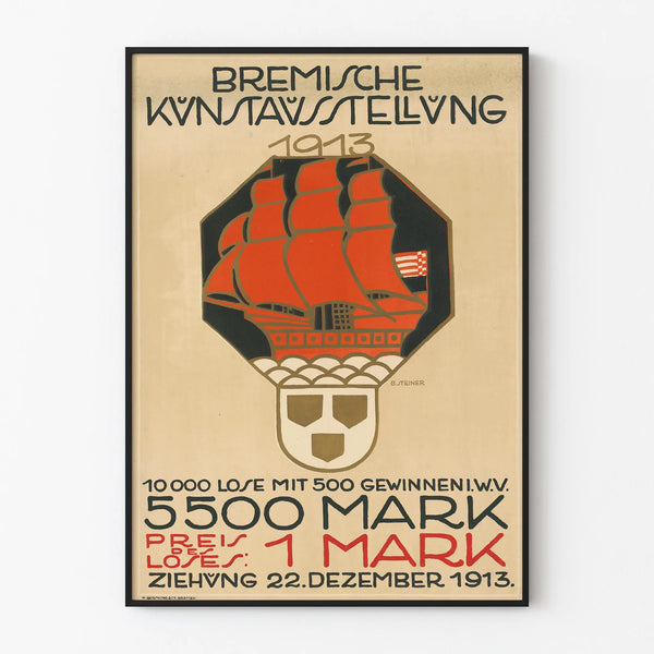 Vintage exhibition poster of Bremen 1913 with red sailing ship