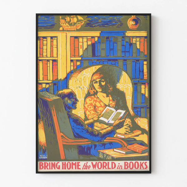 Vintage poster Bring Home the World in Books – Library wall decoration