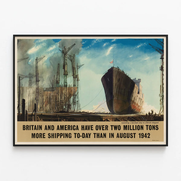 Vintage poster of British and American merchant ship — framed artwork on a wall
