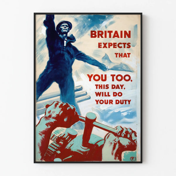 Vintage British propaganda poster with sailor and slogan