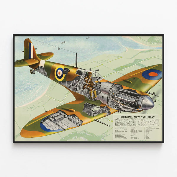 British Spitfire Aircraft Technical Poster - Vintage Wall Decoration Poster — framed artwork on a wall