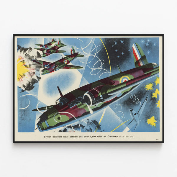 Vintage poster of British bombers raids in Germany 1941 — framed artwork on a wall